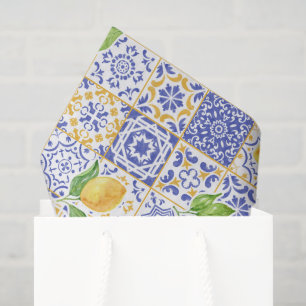 Mediterranean Watercolor Tile Lemon Pattern Tissue Paper