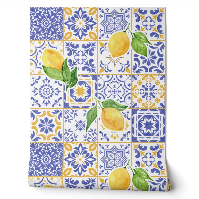 Mediterranean Watercolor Tile Lemon Pattern Wallpaper (Unrolling)