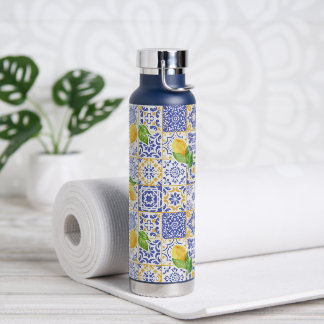 Mediterranean Watercolor Tile Lemon Pattern Water Bottle