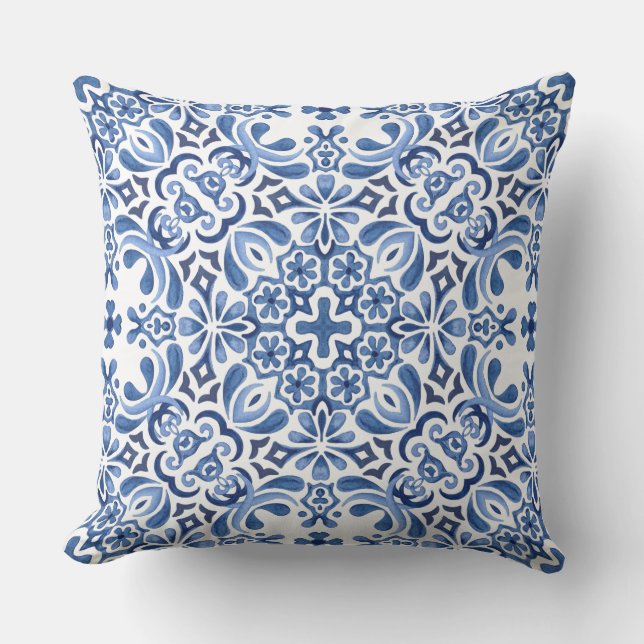 Mediterranean Watercolor Tile Throw Pillow (Front)