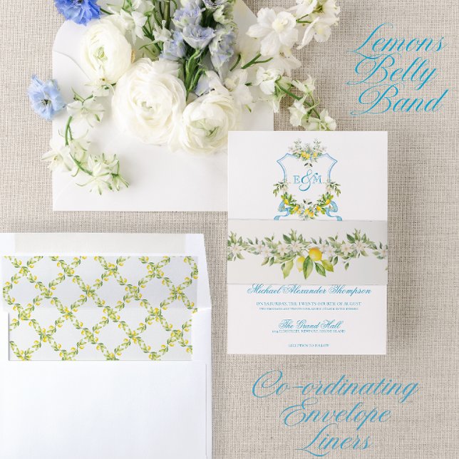 Mediterranean Wedding Invitation Lemons Invitation Belly Band (Choose from different belly band designs to suit your choice of envelope liner)