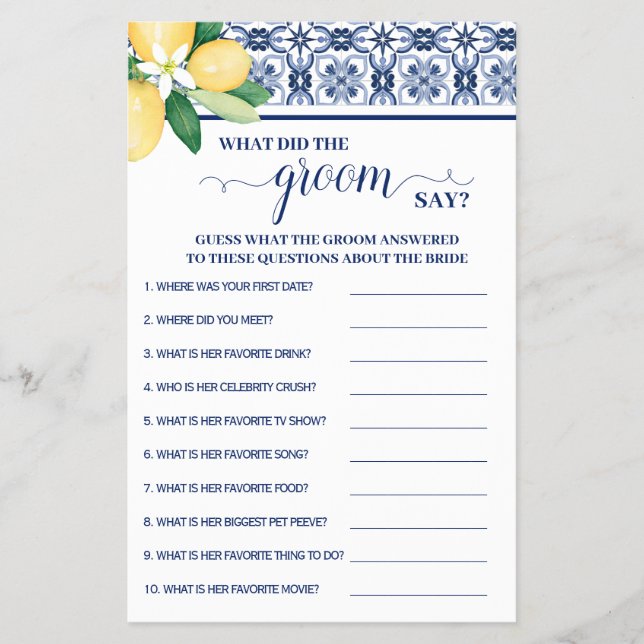 Mediterranean What did Groom Say Shower Game Card (Front)