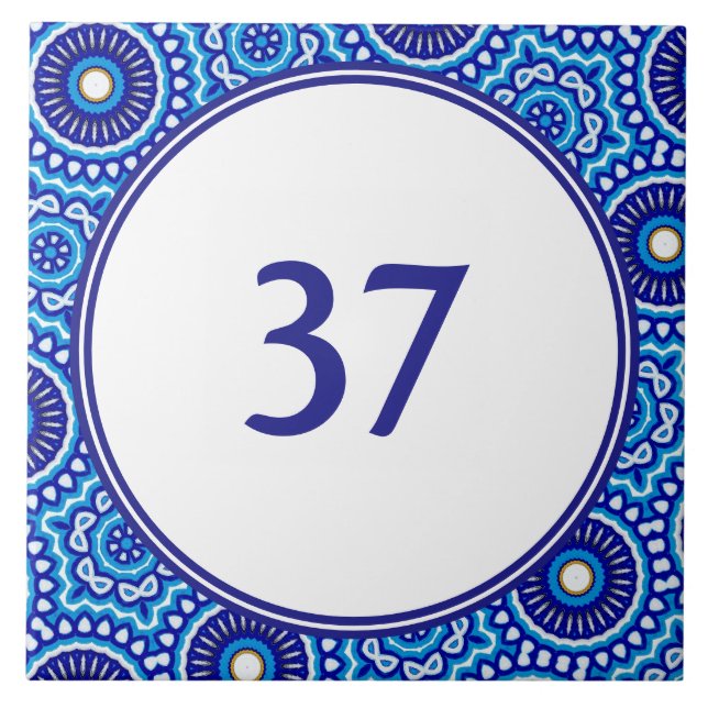   Mediterranean White and Blue House Number Plaque Ceramic Tile (Front)