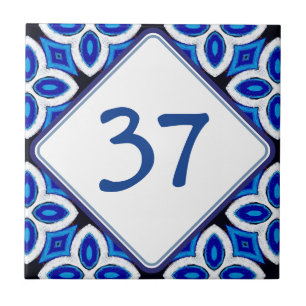   Mediterranean White and Blue House Number Plaque Ceramic Tile