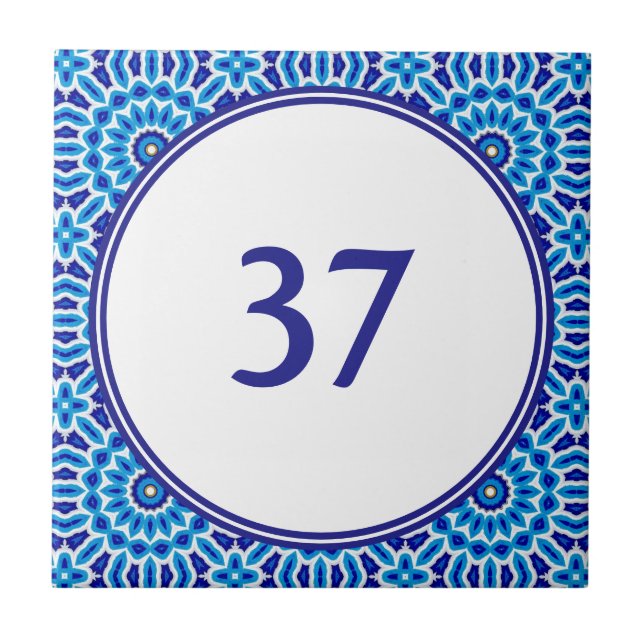   Mediterranean White and Blue House Number Plaque Ceramic Tile (Front)