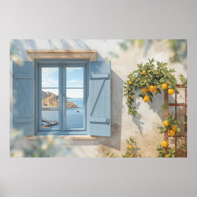 Mediterranean window view frame Coast Lemon Balcon Poster (Front)