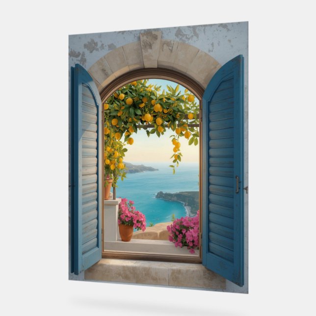 Mediterranean window view frame - coastal lemon acrylic sign (Angle)