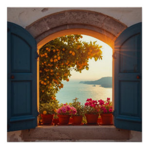 Mediterranean window view frame  Coastal lemon tre Poster