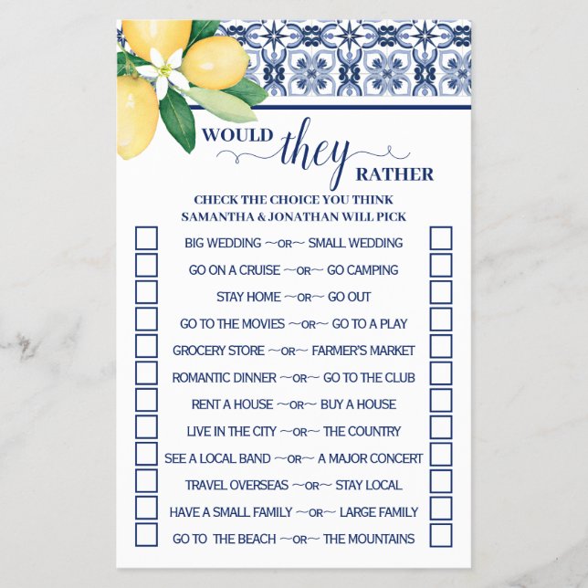 Mediterranean Would They Rather Shower Game Card (Front)