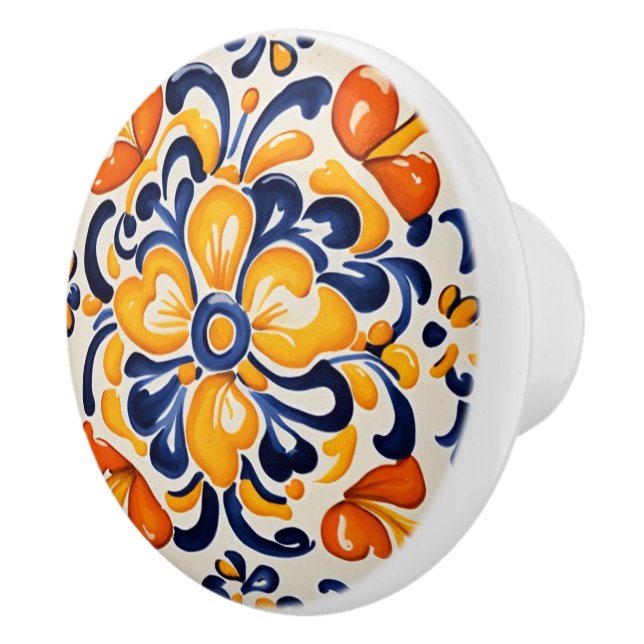 Mediterranean Yellow Blue Floral Sicilian Flower  Ceramic Knob (Right)