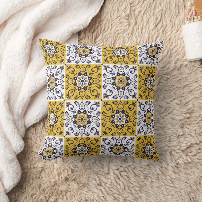 Mediterranean Yellow & Blue Floral Tile Cushion (Blanket)