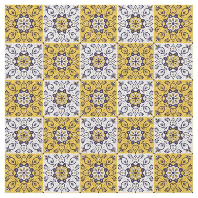 Mediterranean Yellow & Blue Floral Tile Fabric (Close Up)