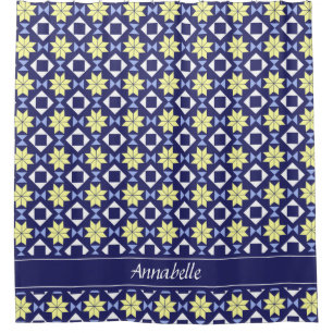 Mediterranean Yellow Blue Floral Tile Pattern Name Shower Curtain