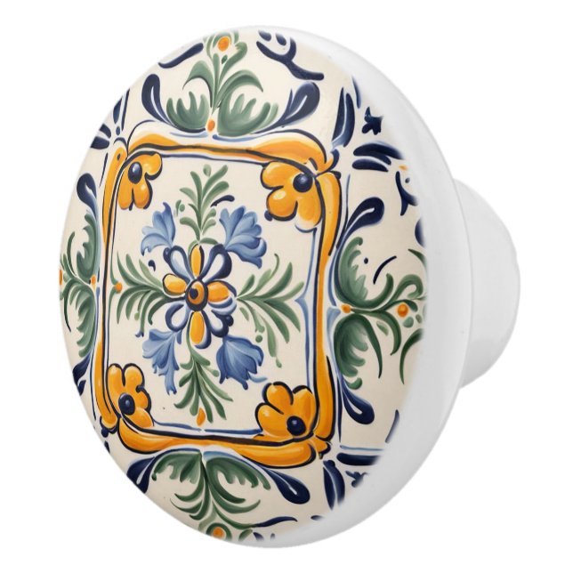 Mediterranean Yellow & Blue Flower Folk Art Floral Ceramic Knob (Right)