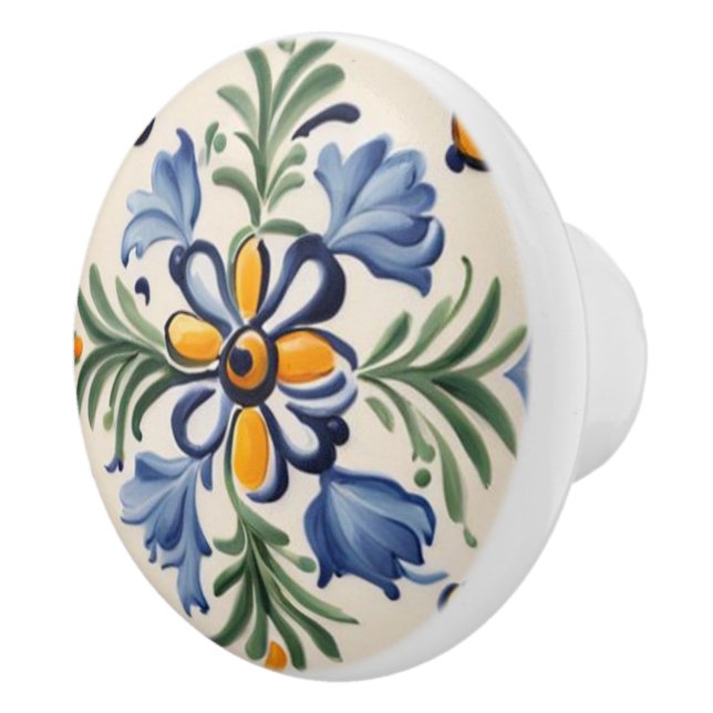 Mediterranean Yellow & Blue Flower Folk Art Floral Ceramic Knob (Right)