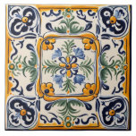 Mediterranean Yellow & Blue Flower Folk Art Floral Ceramic Tile<br><div class="desc">summery sicilian ceramic tile, italian hand painted pattern, mediterranean majolica portuguese design, dark blue and white, summer daisy flowers floral, bold vibrant fun portugal, authentic classic traditional painting, vintage retro antique rustic, folk art spanish mexican talavera, navy golden mustard yellow flower</div>