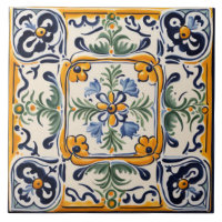 Mediterranean Yellow & Blue Flower Folk Art Floral