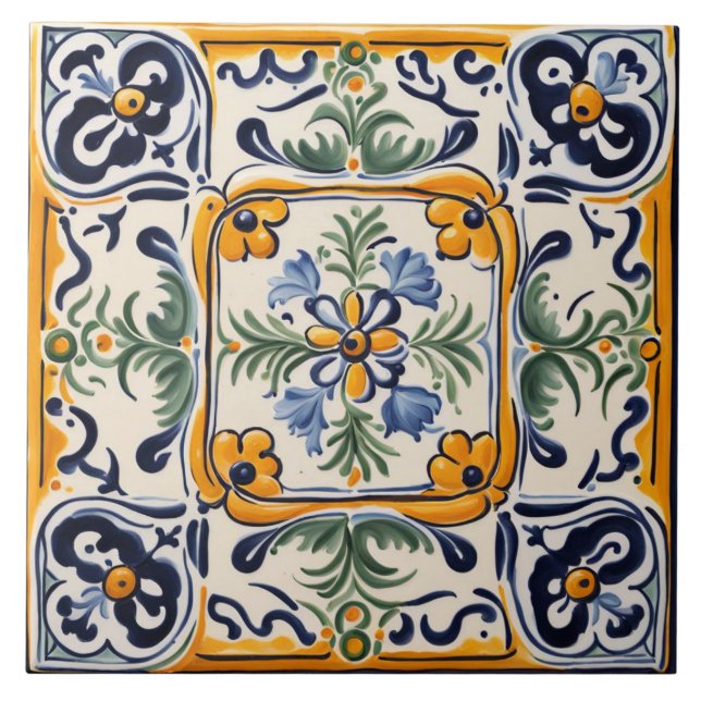 Mediterranean Yellow & Blue Flower Folk Art Floral Ceramic Tile (Front)