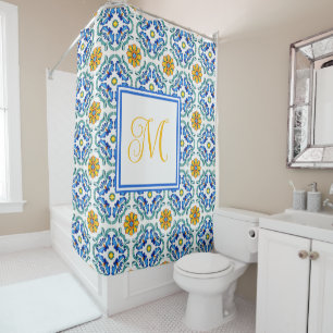 Mediterranean Yellow Blue Monogram Shower Curtain