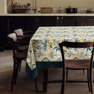 Mediterranean yellow lemons navy blue tiles tablecloth