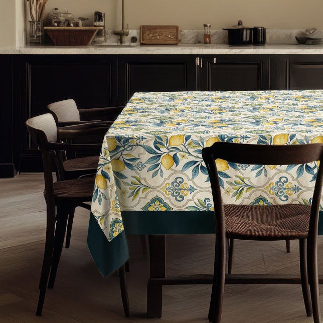 Mediterranean yellow lemons navy blue tiles tablecloth (Mediterranean yellow lemons navy blue tiles tablecloth)