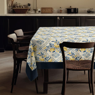 Mediterranean yellow lemons navy blue tiles tablecloth