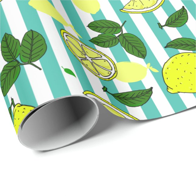 Mediterranean Yellow Lemons on Teal Blue Stripes Wrapping Paper (Roll Corner)