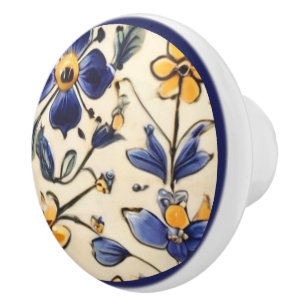 Mediterranean Yellow & Navy Blue Flower Floral Ceramic Knob