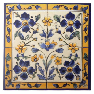Mediterranean Yellow & Navy Blue Flower Floral Ceramic Tile
