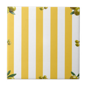 Mediterranean Yellow Stripe Pattern Olives Ceramic Tile