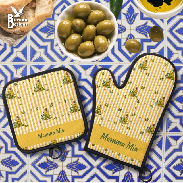 Mediterranean Yellow Stripe Personalised Olive Oil Oven Mitt & Pot Holder Set (Fun yellow-striped olive oil Mediterranean design on oven mitt and pot holder with personalized name)