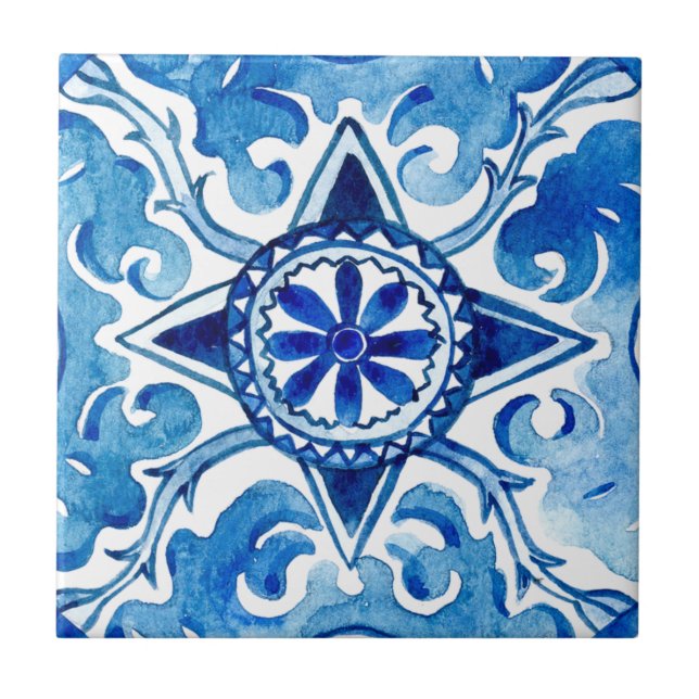 Mediterranian hand painted style blue ceramic tile (Front)