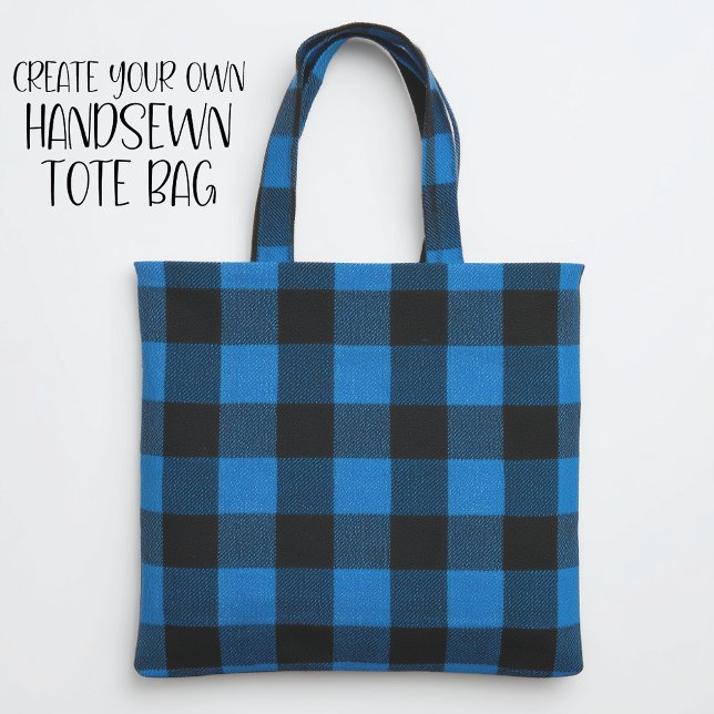 Medium Blue and Black Buffalo Plaid Fabric (sew your own blue and black buffalo check tote bag)