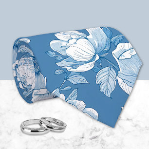 Medium Blue and White Chinoiserie Floral Tie