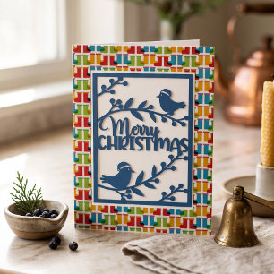 Medium Blue Birds Merry Christmas Faux Papercut Holiday Card