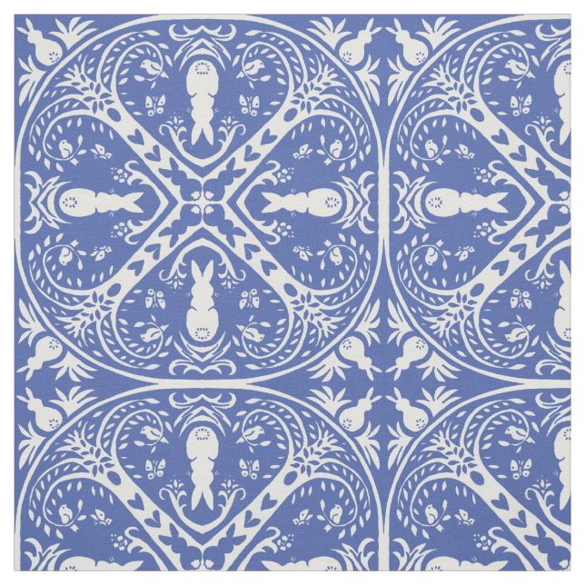 Medium Blue Bunny Rabbit Medallion Pattern Cute Fabric (Swatch)