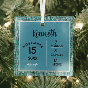Medium Blue Faux Denim Fabric Birth Numbers Glass Tree Decoration
