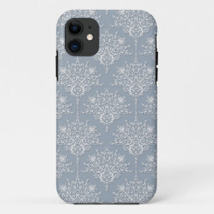 Medium Blue Grey and White Damask iPhone 11 Case