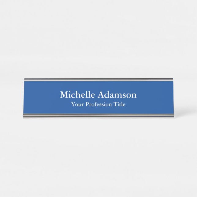 Medium Blue Professional Plain Modern Elegant Desk Name Plate (Front)