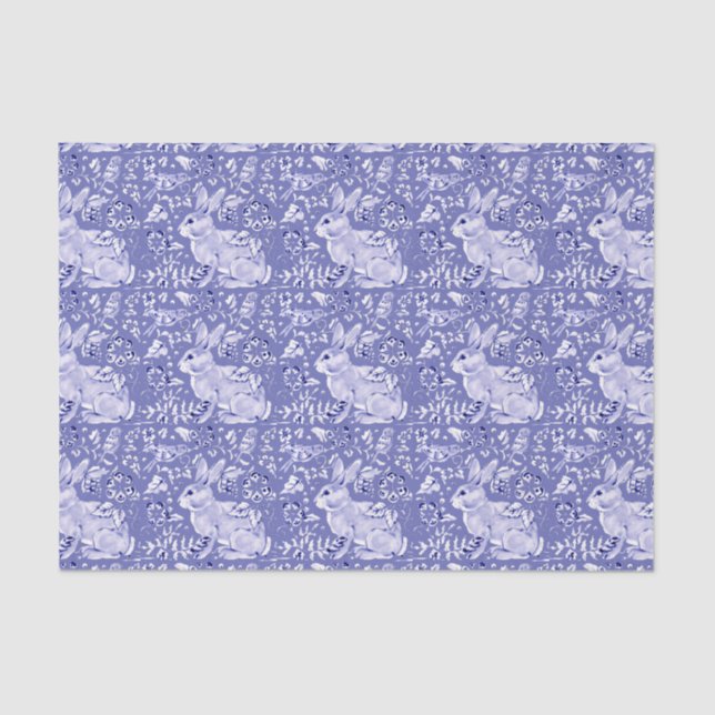 Medium Blue Rabbit Bunny Bird Floral Chinoiserie Tissue Paper (Front)