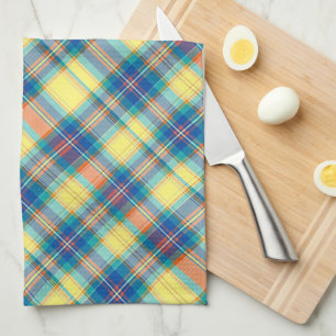 Medium Blue, Vibrant Teal, Coral, Yellow... Plaid Tea Towel