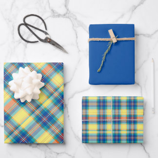 Medium Blue, Vibrant Teal, Coral, Yellow... Plaid Wrapping Paper Sheet