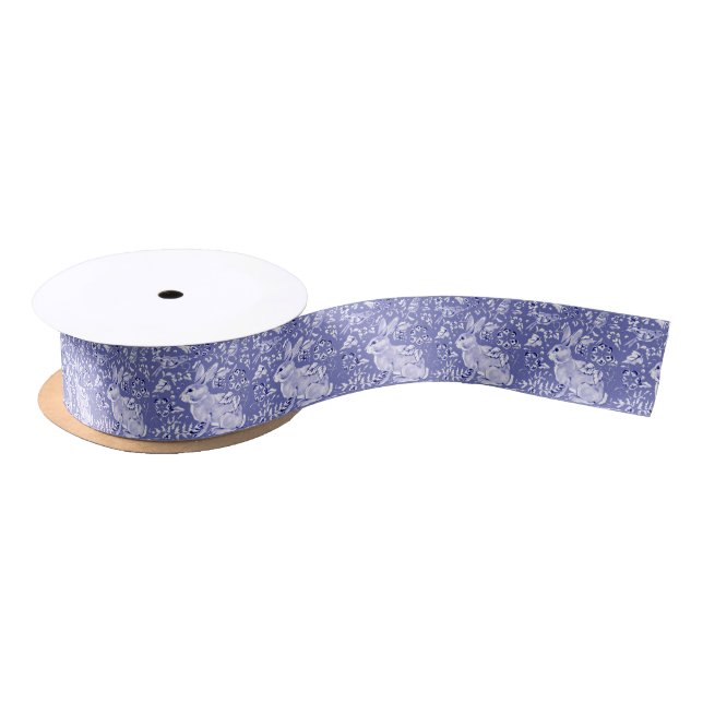 Medium Blue White  Bunny Rabbit Bird Tile Elegant Satin Ribbon (Spool)