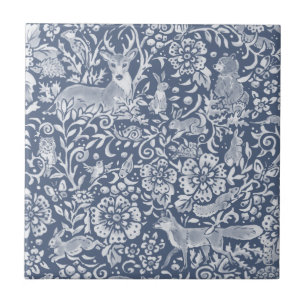 Medium Blue Woodland Animal Forest Deer Rabbit Fox Ceramic Tile