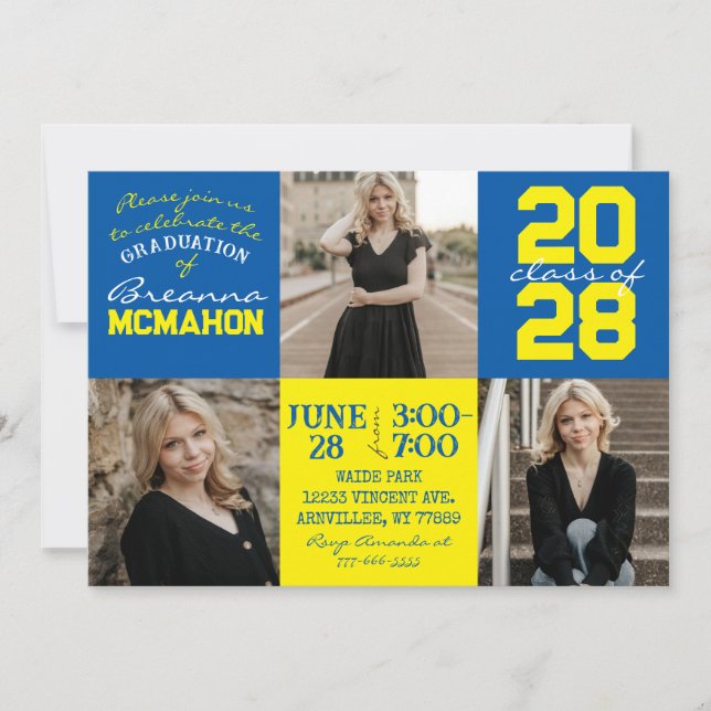 Medium Blue & Yellow 3 Photo Graduation Invitation (Front)