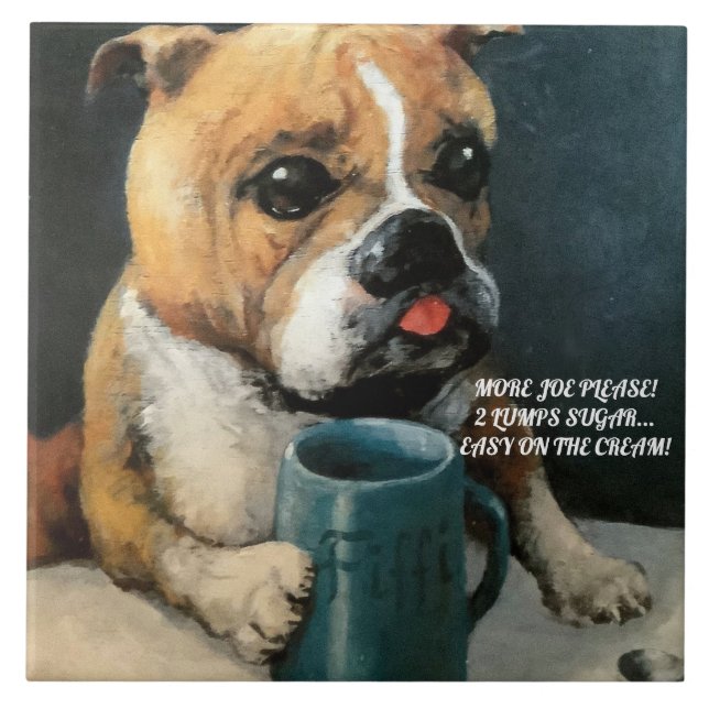Medium Ceramic Tile Adorable Dog Drinking Joe! (Front)
