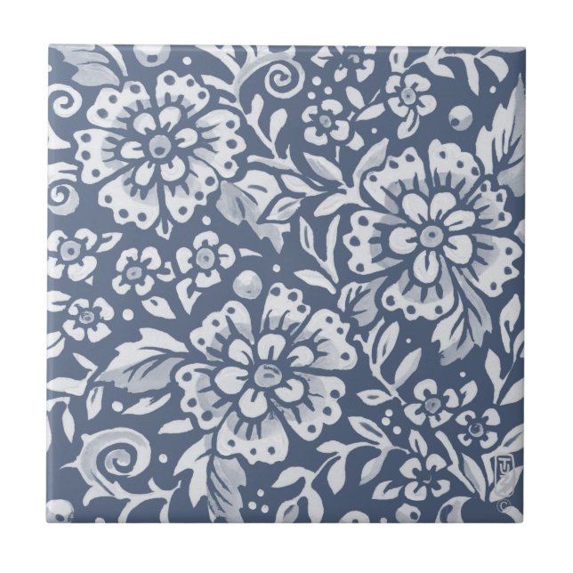 Medium Denim Blue Flower Floral Leaf Pattern Ceramic Tile (Front)