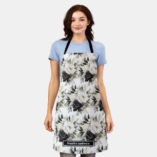 Medium Girly Black and White Floral Print Apron