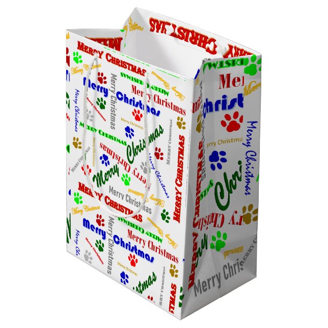 Medium Glossy Christmas Gift Bag w/Dog Paws (Back Angled)