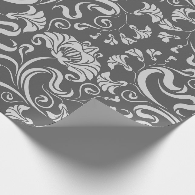 Medium Grey and Silver Hues Botanical Damask Wrapping Paper (Corner)